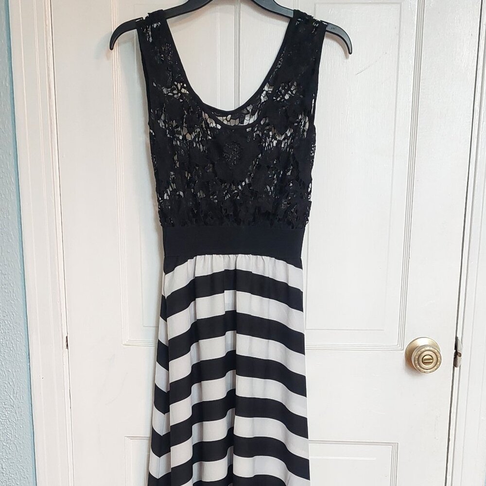 Paris Nights Maxi Dress, Black and White Stripes, Lace Top